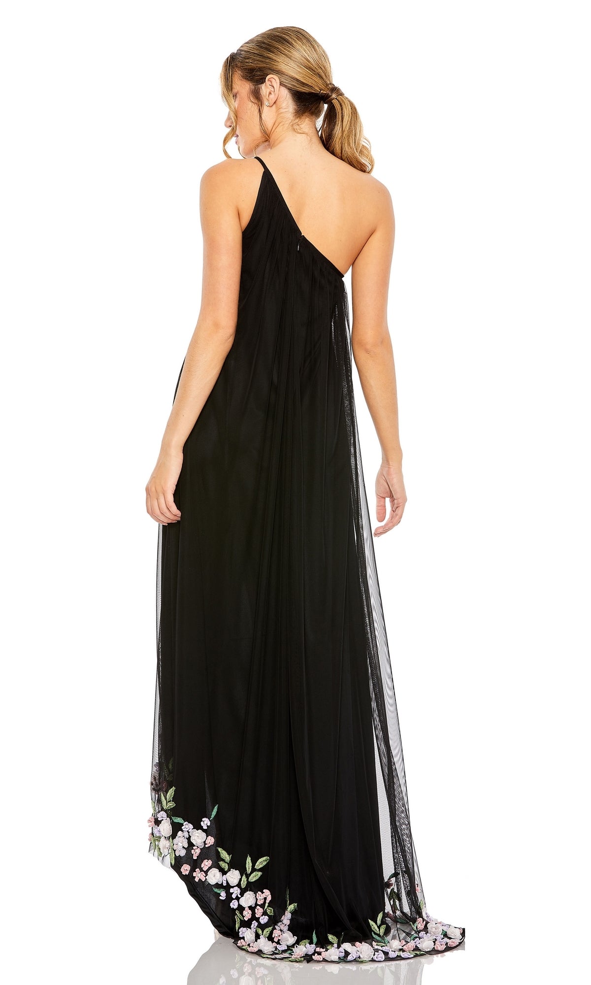 Woman in a black Mac Duggal 9236 Beaded Long Shift Formal Dress, standing and facing away to highlight the elegant back and intricate beaded detailing of this formal gown.